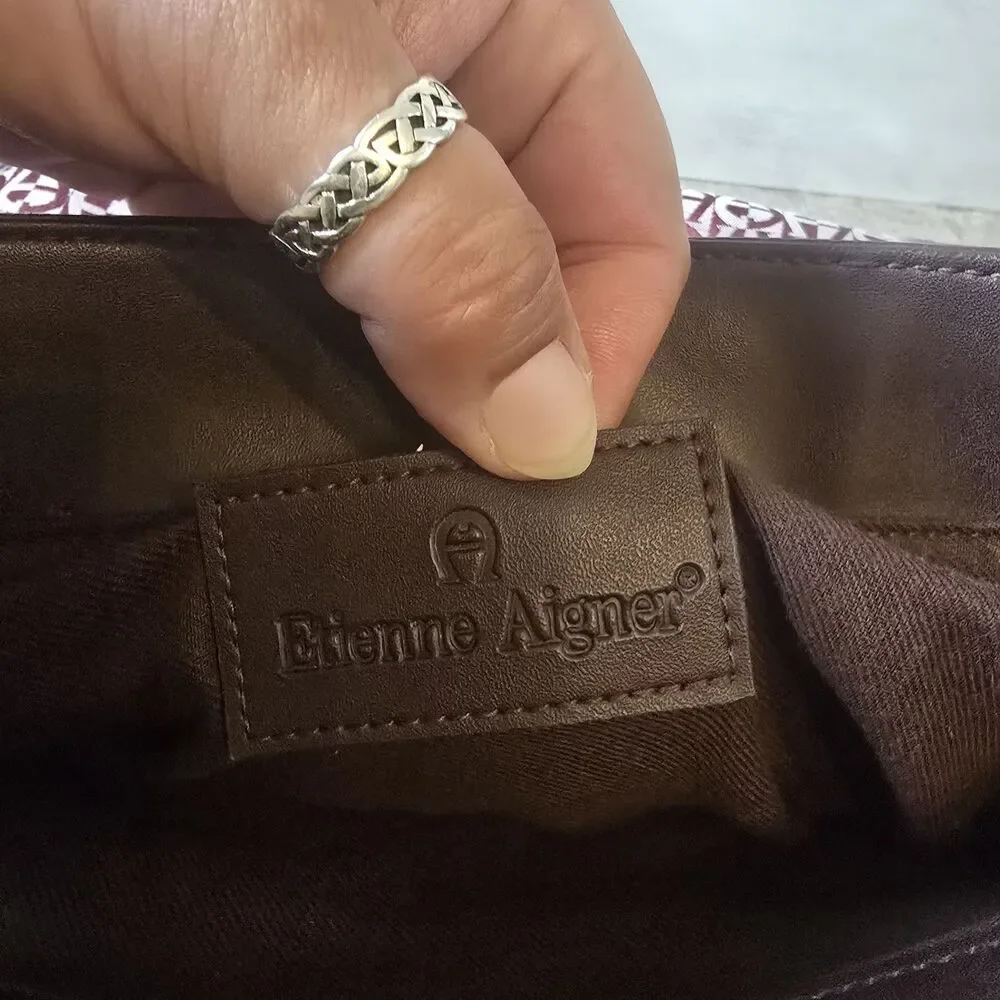 Etienne Aigner Burgundy Brown Logo Fabric Leather Handbag Purse W Wallet Makeup